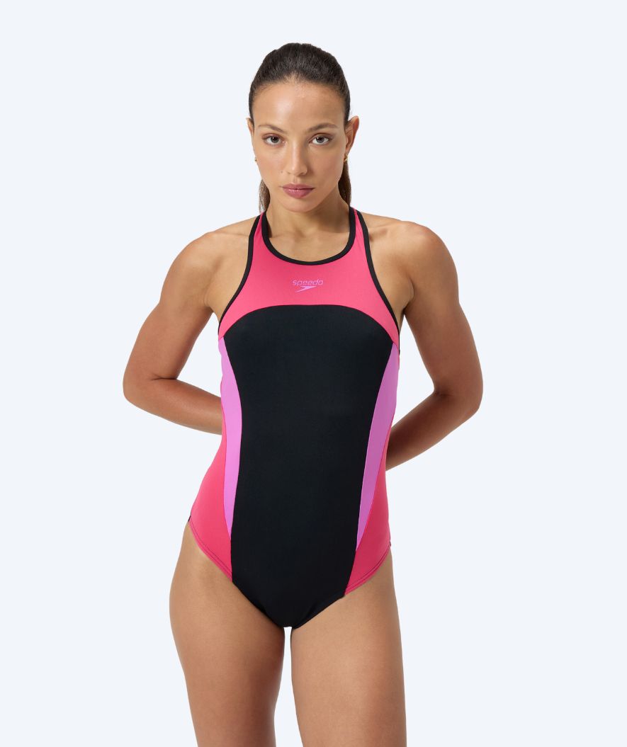 Speedo uimapuku naisille - Splice Cross Back - Musta/Vaaleanpunainen