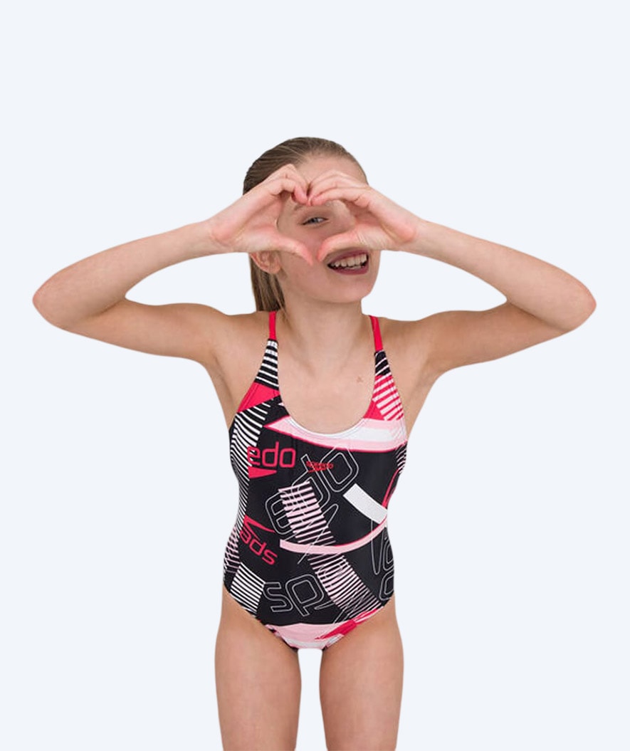 Speedo uimapuku tytöille - Junglespeak Allover Tieback - Musta/Punainen/Vaaleanpunainen
