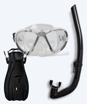Watery snorkkelisetti aikuisille (yli 15 vuotiaille) - Rudder Camo/Itzel/Delmere - Läpinäkyvä/musta